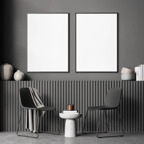 棚と並んで上の暗い灰色のニッチの壁に2つの額のバナー スツール 小さなコーヒーテーブルとコンクリート床とインテリア モックアップ 3Dレンダリング — ストック写真