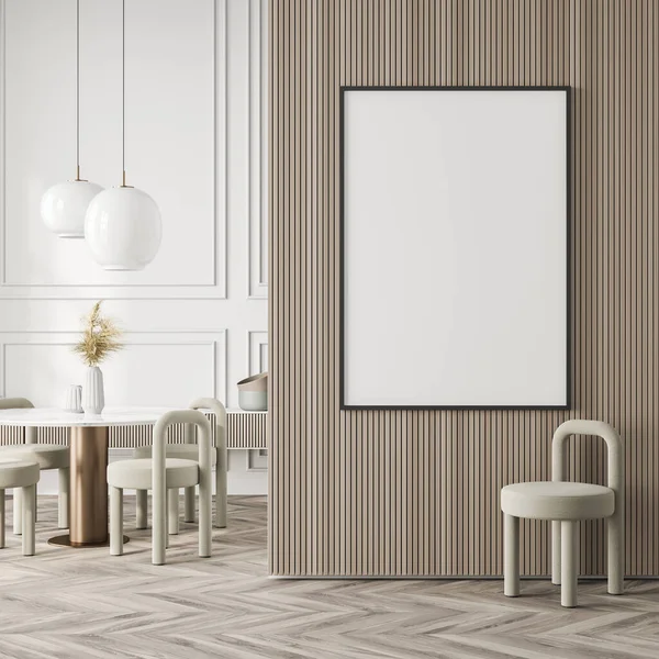 白い空のポスター テーブル 5つの椅子 食器棚 オーク材の木の寄木細工の床とリビングルームのインテリア ミニマルなスカンジナビアのデザインの概念 会議のための快適な場所 モックアップ 3Dレンダリング — ストック写真