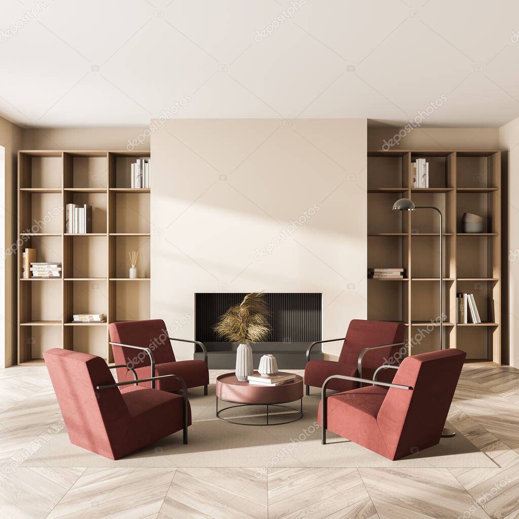 Beige walls and red armchairs with on-trend coffee table in the interior, having rug on the parquet floor, fireplace and two symmetric shelvings. A concept of modern house design. 3d rendering