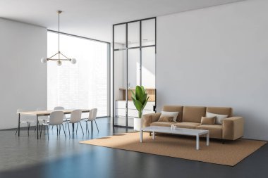 Beyaz oturma odasının içinde kanepe, sehpa ve kapalı bir bitki var. Panoramik yemek alanı çerçeveli avize tasarımı ve arka planda bölünmüş bir mutfak. Beton zemin. 3d oluşturma