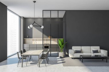 Basitleştirilmiş mutfak dolabı, panoramik pencere, cam bölme, kahve masası ve yemek odası olan beyaz kanepe. Modern daire tasarımı kavramı. 3d oluşturma