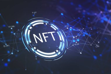 Koyu mavi arkaplan üzerinde numaralar halinde verileri olan eklenmiş beyaz, karşılıksız tocken (NFT) simgesi ve soyut holografik çizgiler. 3d oluşturma