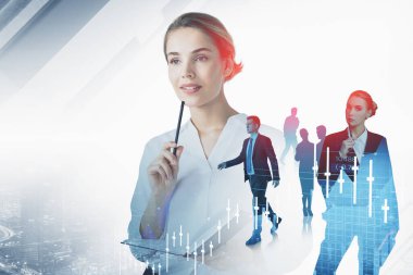 Group of business people work together to achieve the best results for their company. Thoughtful businesswoman with book in the foreground. City skyscraper in the background. Concept of teamwork