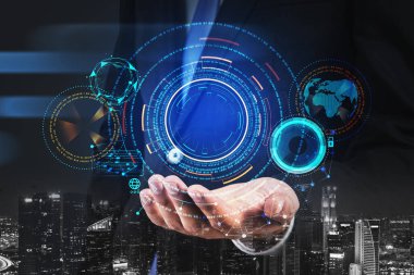 Resmi kıyafet giyen iş adamı elinde dijital arayüz hologramı tutuyor. Ön planda küre ile Hud. Arka planda New York gökdelenleri var. Gelecekteki teknolojiler kavramı
