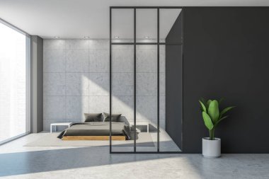 Duvarlar için gri rengin iki tonunu kullanan minimalist yatak odası tasarımı, dört basit ışık, beton zemin, cam bölme ve panoramik pencere. Modern iç mekan kavramı. 3d oluşturma