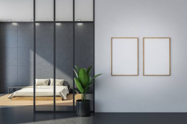 Beyaz bir duvarda iki pankart ve kapalı alanda aksanlı bitkisi olan minimalist bir yatak odası tasarımı. Gri beton zemin ve fayanslar. Modern ev tasarımı kavramı. Modelleme. 3d oluşturma