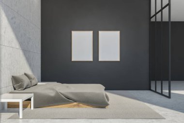 Minimalist yatak odasının beyaz sehpalı karanlık duvarında iki boş model. Açık gri fayanslar, beton döşemeler ve mobilyalar. Modern ev tasarımı kavramı. 3d oluşturma