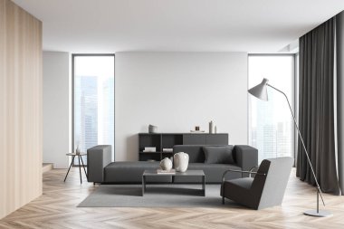Oturma odası içi boş beyaz duvar, büyük gri kanepe, rahat koltuk, halı, gökdelenleri ve şehir merkezi manzaralı panoramik pencere. Minimalist tasarım kavramı. Model yap. 3d hazırlayıcı