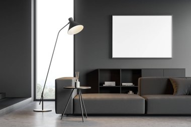 Oturma odasının içini yakından görmek, duvarında boş beyaz bir poster, rahat bir kanepe, kırsal manzaralı panoramik pencere ve beton zemin. Minimalist tasarım kavramı. Model yap. 3d hazırlayıcı