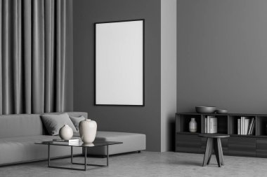 Minimalist, koyu gri oturma odasının duvarında boş bir poster. Koltuğu, sehpası, taburesi ve büfesi var. Beton zemin. Modern ev tasarımı kavramı. Modelleme. 3d oluşturma
