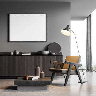 Oturma alanının gri iç kısmında yatay pankart var. Tasarım, beton duvar, bölme duvarı, koltuk, lamba, sehpa ve büfe. Modern ev kavramı. 3d oluşturma