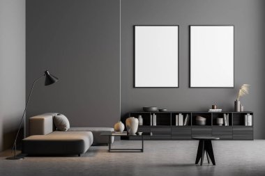 Minimalist koyu gri oturma odasının duvarında L kanepesi, yer lambası, sehpa, tabure ve büfe olan iki poster. Beton zemin. Modern ev tasarımı kavramı. 3d oluşturma