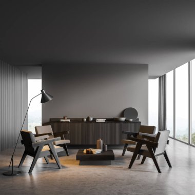 Panoramik oturma alanının içi koyu gri. Boş duvar bölmesi, dört koltuk, sehpa ve büfesi olan bir tasarım. Beton zemin. Modern bir ev kavramı. 3d oluşturma