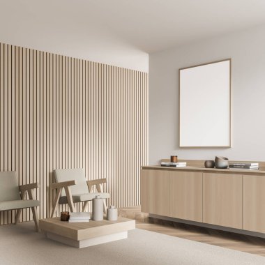 Beyaz duvarda pankart ve bekleme odasındaki bej duvar panelinde iki koltuk, büfe, sehpa, halı ve parke. Modern iç tasarım konsepti. 3d oluşturma