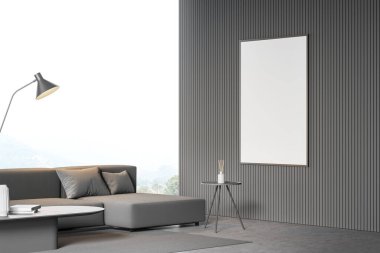 Oturma odasının iç tarafında boş beyaz poster, rahat kanepe, kırsal manzaralı panoramik pencere ve beton zemin. Minimalist tasarım kavramı. Model yap. 3d hazırlayıcı