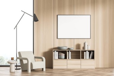 Modern evin iç dekorasyonunda minimalist tasarım konsepti olan, ahşap duvar örtüsü, büfe, tek koltuk ve trend sehpası üzerinde yer lambasıyla birlikte yatay model poster. 3d oluşturma