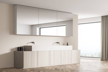 Ayna dolabı, panoramik bej ve beyaz banyo iç tasarımı duvarında asılı. Lavabo, iki musluk ve ahşap görünümlü ahşap kaplama. 3d oluşturma