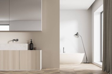 Aynalı dolap ve bej bölme duvarının yanında gösteriş ve arka planda minimalist lamba tasarımı ve oval seramik küveti olan beyaz bir banyo. 3d oluşturma