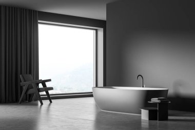Gri duvarları, oval küveti, perdeleri, koltuğu, siyah sehpası ve beton zemini olan minimalist panoramik banyo. Modern ev tasarımı kavramı. Köşe manzarası. 3d oluşturma