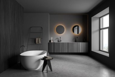 Beyaz küvetli karanlık banyo, havluları olan küçük masa, çift lavabo ve kırsal manzaralı geniş pencere. Hijyenik ve spa prosedürleri kavramı. 3d hazırlayıcı