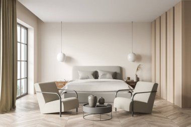 Büyük yataklı parlak yatak odası, iki rahat koltuk, dolap, gardırop kırsal manzaralı panoramik pencere ve ahşap parke. Soğukluk için minimalist tasarım kavramı. 3d hazırlayıcı