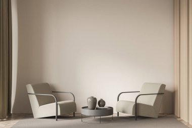 İki rahat koltuk, halı, ahşap parke döşeme, sehpa ve halıyla dolu parlak bir bekleme odası. Minimalist İskandinav tasarımında buluşma yeri kavramı. Model yap. 3d hazırlayıcı