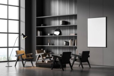 Koyu gri pankartlı oturma odası, uygun kitap rafları, koltuklar, iç mekanda simetrik denge yaratma sehpası, panoramik manzaraya yakın lamba ve vinil döşeme. 3d oluşturma