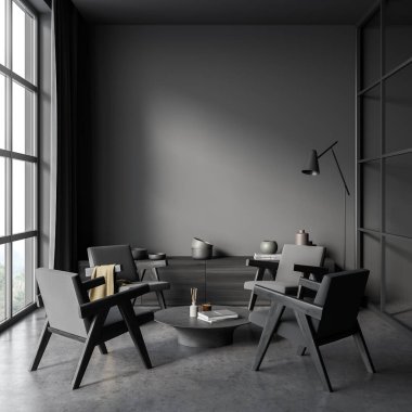 Koyu renk koltuklu bekleme odası, kırsal manzaralı panoramik pencere, sehpa ve beton zemin. Minimalist İskandinav tasarımında buluşma yeri kavramı. Model yap. 3d hazırlayıcı