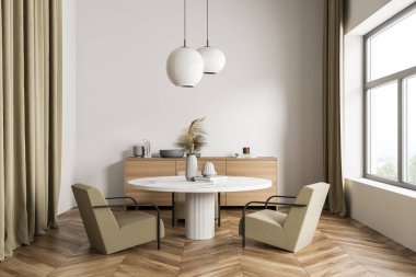 Parlak bir yemek odası, geniş pencereli, kırsal manzaralı, üç rahat koltuk, masa ve dolap. Minimalist İskandinav tasarımında buluşma yeri kavramı. 3d hazırlayıcı