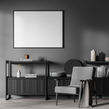 Karanlık oturma alanının iç kısmının gri duvarında kısmen açık olan yatay pankart ve parke zemininde duran koltuk. Modelleme. 3d oluşturma