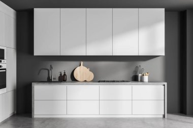 Sade açık gri mutfak iç mimarisi, koyu renkli duvar, bölgede inşa edilmiş, atölyenin orijinal tasarımı ve beton döşeme. Modern minimalist ev kavramı. 3d oluşturma