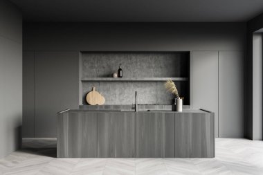 İçerisi beton zemin, elektrikli fırın ve çanak çömlekle kaplı, koyu renk bir mutfak odası. Çağdaş İskandinav minimalist tasarımı. Yaratıcı fikir için boş alan. 3d oluşturma