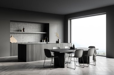 İçi yemek masası, altı sandalye, parke zemin, elektrikli fırın ve kırsal manzaralı panoramik pencere olan karanlık mutfak odası. Çağdaş İskandinav minimalist tasarımı. 3d oluşturma