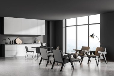 Minimalist tasarım, düzgün detaylar kullanmak oturma alanı olan yemek alanı, basit dolaplar, panoramik manzara ve gri mutfak için beton zemin. Modern ev kavramı ile iç içe. 3d oluşturma