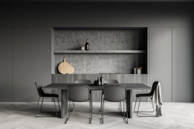 Mutfak odasının içinde yemek masası, altı sandalye, parke zemin, elektrikli tencere ve çanak çömlek var. Çağdaş İskandinav minimalist tasarımı. Yemek için güzel bir yer. 3d oluşturma