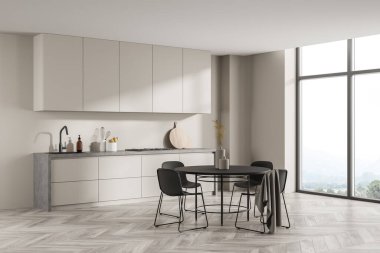 Modern tasarım, bej, basit mutfak dolabı, panoramik pencere ve parke döşeme gibi aksan siyah detaylar kullanıyor. Minimalist iç mekan kavramı. Köşe manzarası. 3d oluşturma