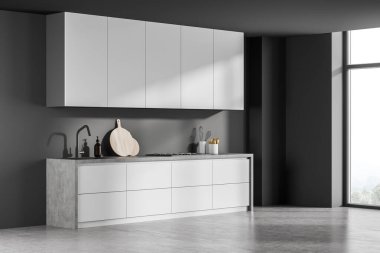 Koyu duvarları, beyaz dolabı, orijinal atölyesi ve modern panoramik iç mekanının minimalist alanında beton döşemesi olan gri mutfağın basit modaya uygun tasarımı. 3d oluşturma