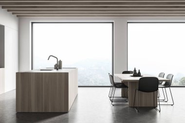 Mutfak odasının içi yemek masası, altı sandalye, beton zemin, lavabo ve kırsal manzaralı panoramik pencere. Çağdaş İskandinav minimalist tasarımı. 3d oluşturma
