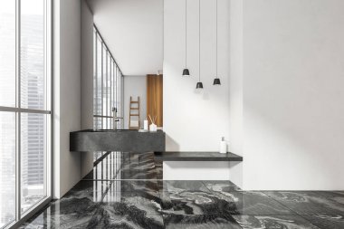 Lavabo, beyaz duvar, ayna, merdiven, gökdelen manzaralı panoramik pencere ve mermer zemin. Sağlık için hijyenik ve spa prosedürleri kavramı. 3d oluşturma