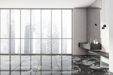 Lavabo, beyaz duvar, ayna, gökdelen manzaralı panoramik pencere ve mermer zemin. Sağlık için hijyenik ve spa prosedürleri kavramı. 3d oluşturma