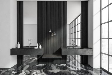 Çift lavabo, beton duvar, ayna, gökdelen manzaralı panoramik pencere ve mermer zemin. Sağlık için hijyenik ve spa prosedürleri kavramı. 3d oluşturma