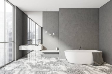 Küvetli karanlık banyo, boş beton duvar, havlu, lavabo, ayna, panoramik pencere ve mermer zemin. Sağlık için hijyenik ve spa prosedürleri kavramı. 3d oluşturma