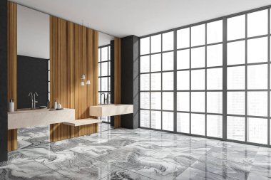 Karanlık banyo iç tarafında çift lavabo, beton duvar, ayna, gökdelen manzaralı panoramik pencere ve mermer zemin. Sağlık için hijyenik ve spa prosedürleri kavramı. 3d oluşturma