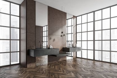 Banyonun iç tarafında çift lavabo, kahverengi duvar, ayna, gökdelen manzaralı panoramik pencere ve ahşap parke zemin. Sağlık için hijyenik ve spa prosedürleri kavramı. 3d oluşturma