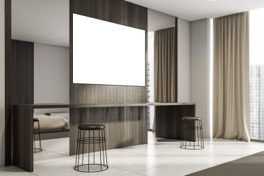 Parlak yatak odası içi boş beyaz poster, ayna, bar taburesi, panoramik pencere ve beton döşeme. Soğukluk ve rahatlama için İskandinav minimalist tasarımı kavramı. 33d oluşturma ile alay et