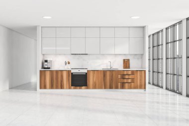 Parlak mutfak odası içi geniş panoramik pencereli kırsal manzaralı, elektrikli fırın, soba, kahve makinesi ve fayans döşemeli. Minimalist İskandinav tasarımı kavramı. 3d hazırlayıcı