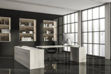 Karanlık ofis odasının içi panoramik pencereli, şehir gökdelen manzaralı, masaüstü, koltuk, gri duvar, kitaplıklar ve beton zemin. 3D oluşturma işlemi için mükemmel bir yer