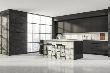 Karanlık mutfak manzarası, ahşap zemin, boş gri duvar, bar taburesi, Singapur gökdelenleri manzaralı panoramik pencere. Çağdaş İskandinav minimalist tasarımı. 3d oluşturma