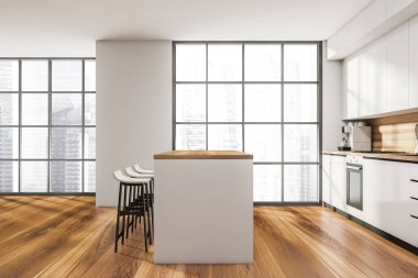 Mutfak odasının iç tarafında ahşap zemin, boş beyaz duvar, bar taburesi, Singapur gökdelenleri manzaralı panoramik pencere. Çağdaş İskandinav minimalist tasarımı. 3d oluşturma