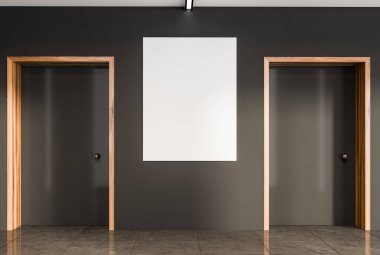 Ofisin içinde gri duvarında beyaz boş bir poster, iki kapı ve fayans zemini var. Yaratıcı fikir için boş alan. Minimalist tasarım kavramı. Model yap. 3d hazırlayıcı
